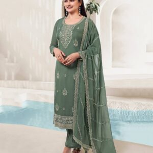 Elegant Sage Green Embroidered Straight Suit Set